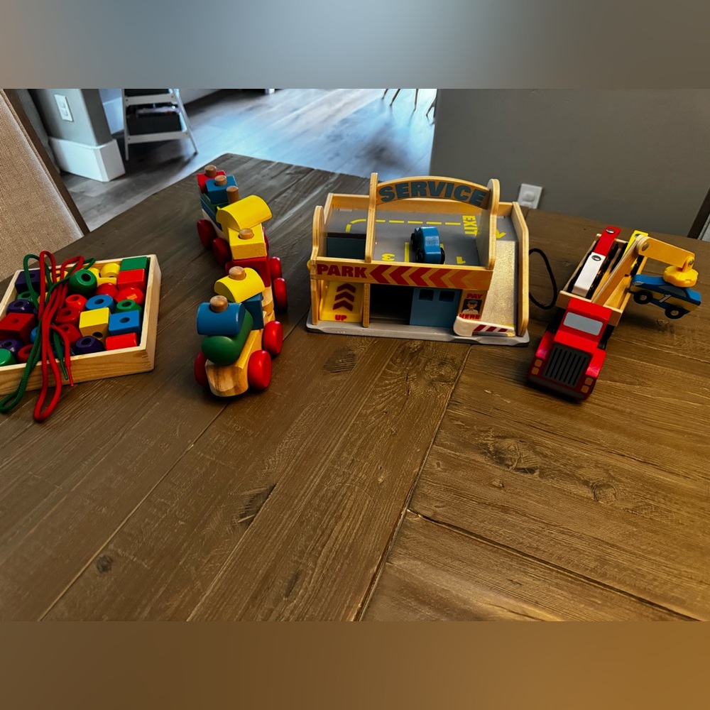 Melissa & Doug Colorful Service Station, Train, car hauler & threading beads.